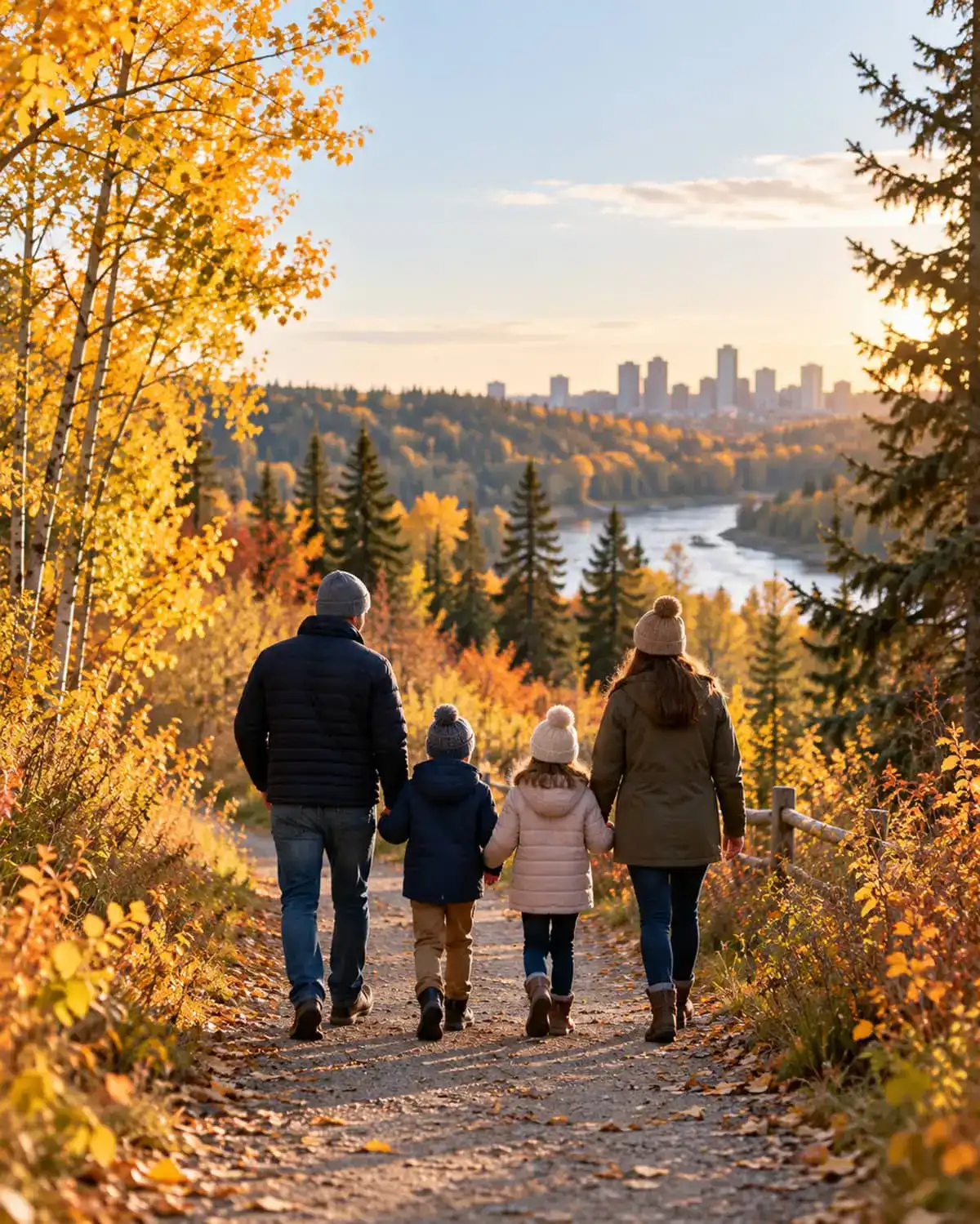 A family seen from behind walking along a river valley trail among autumn trees