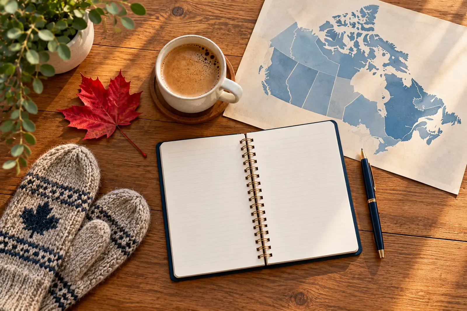 A wooden table seen from above with an open notebook, a pen, a mug, a maple leaf, knitted mittens and a paper map of Canada